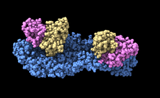Proteína do envelope (cobertura) do vírus (em azul), ligada com fragmentos de anticorpos humanos (rosa e amarelo)