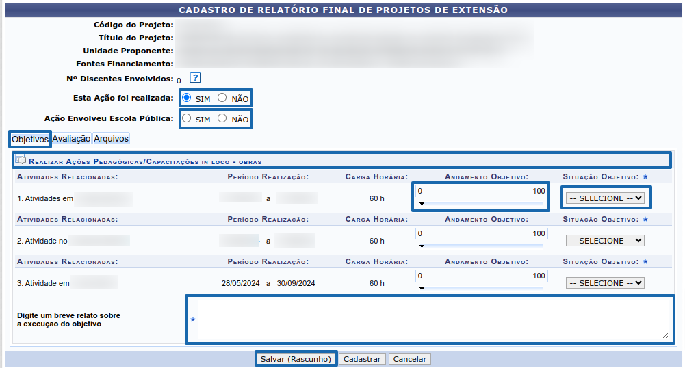 Cadastrar relatório Aba Objetivo