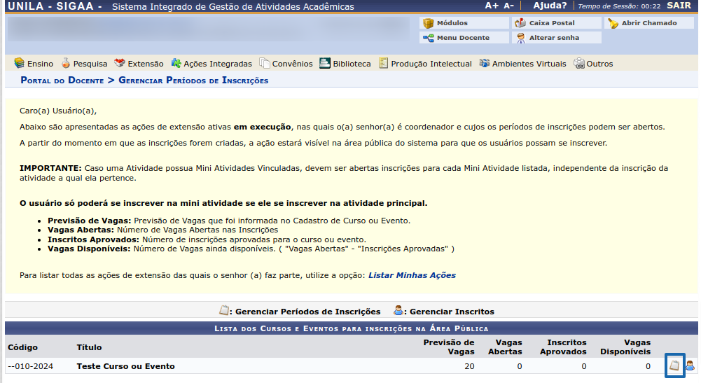 abrir inscrição gerenciar período de inscrição