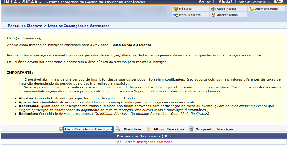 Abrir inscrição abrir período