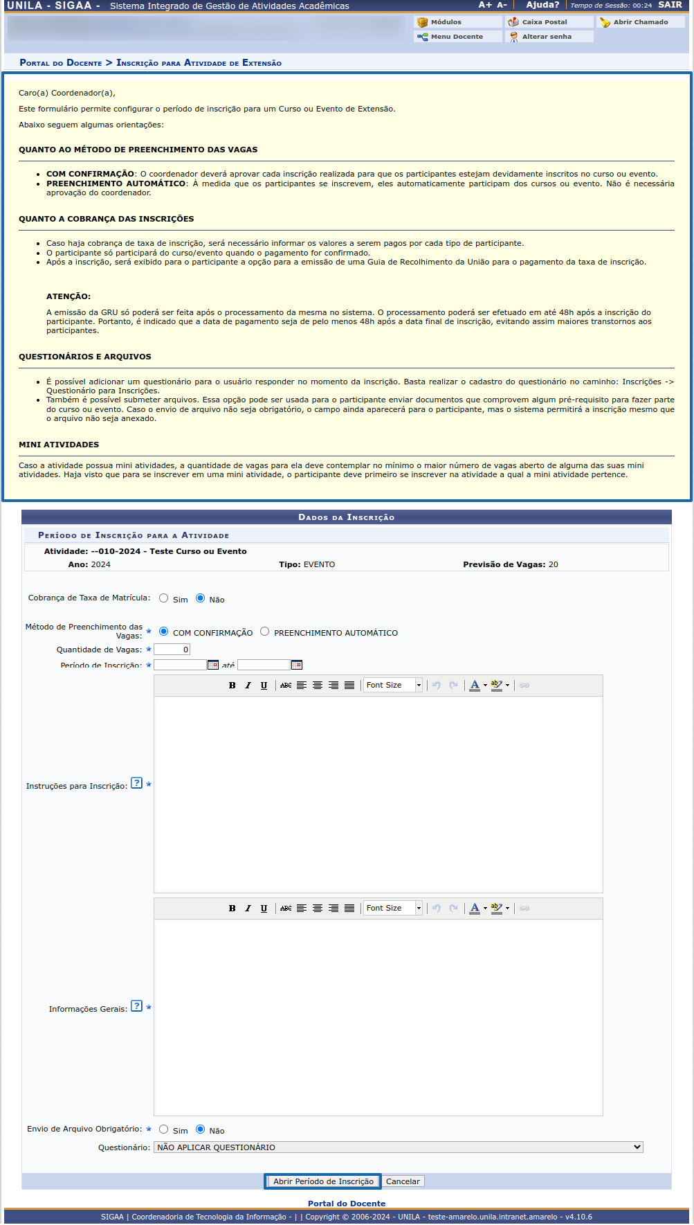 Abrir inscrição cadastrar inscrição