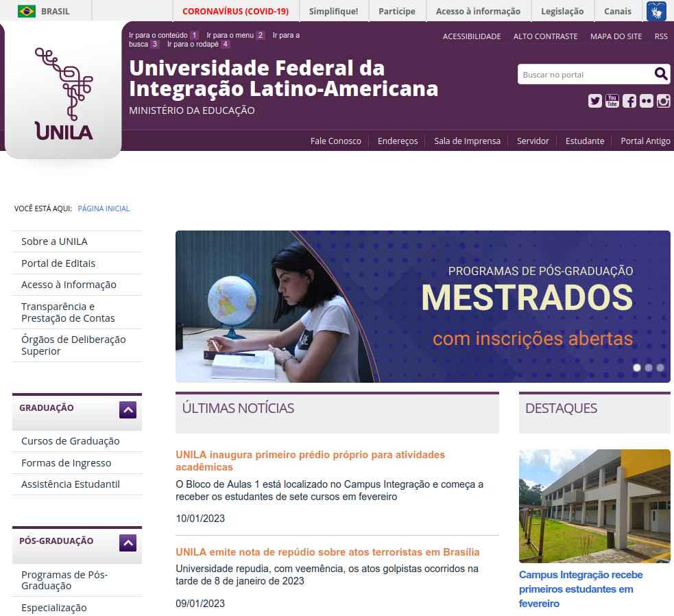 Print da tela inicial do Portal UNILA